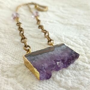 Raw Amethyst Slice Pendant Necklace Gold Plated Chain Gemstone Purple Handmade